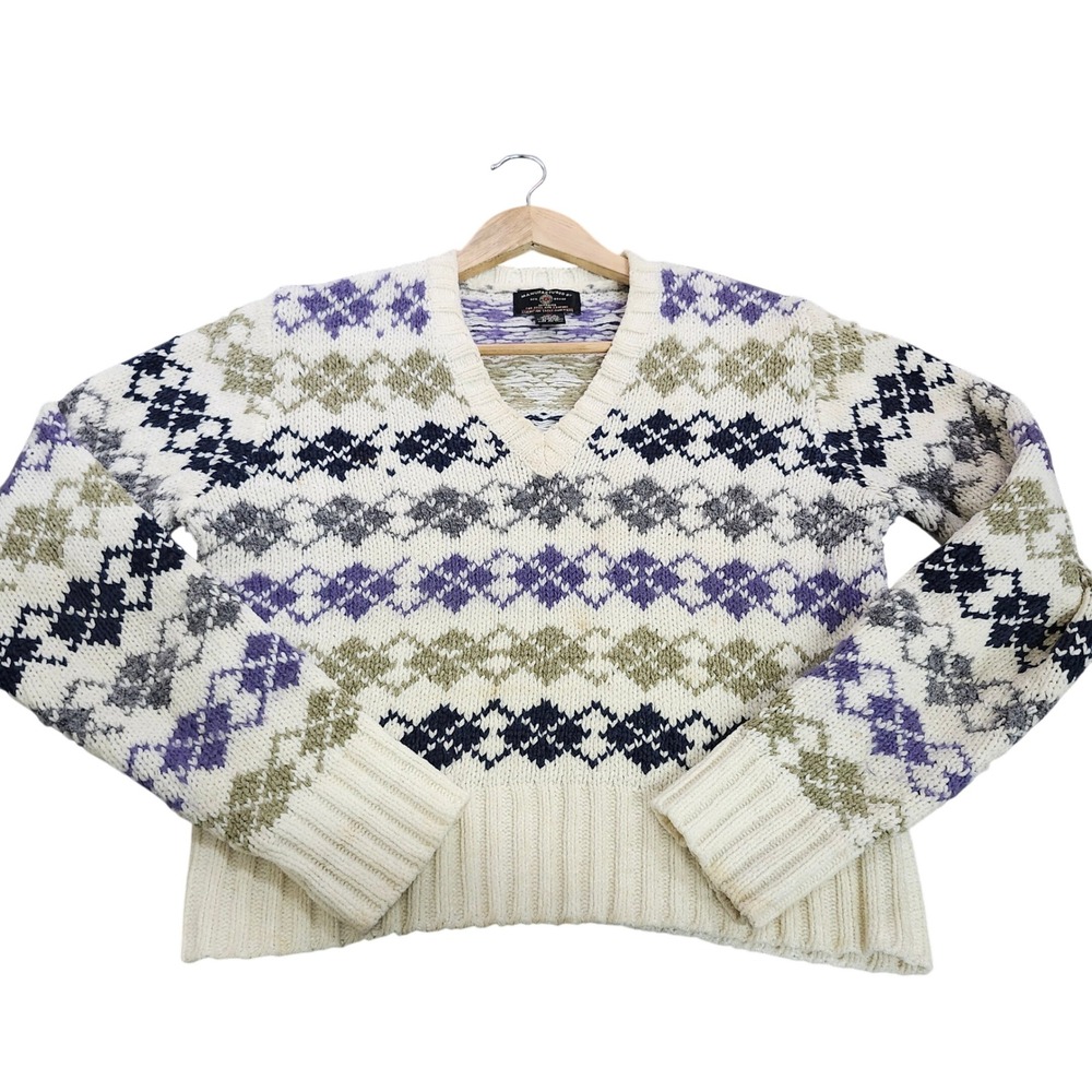 American Eagle Sweater Womens L V-Neck Argyle Cream Purple Mohair Blend EUC